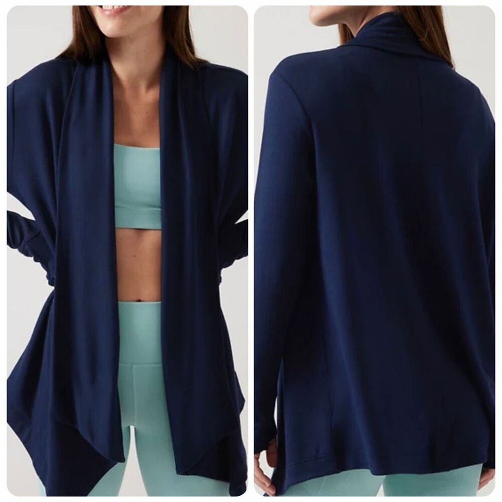 Athleta Nirvana Pranayama Restore Wrap yoga Cardigan navy blue M NWOT